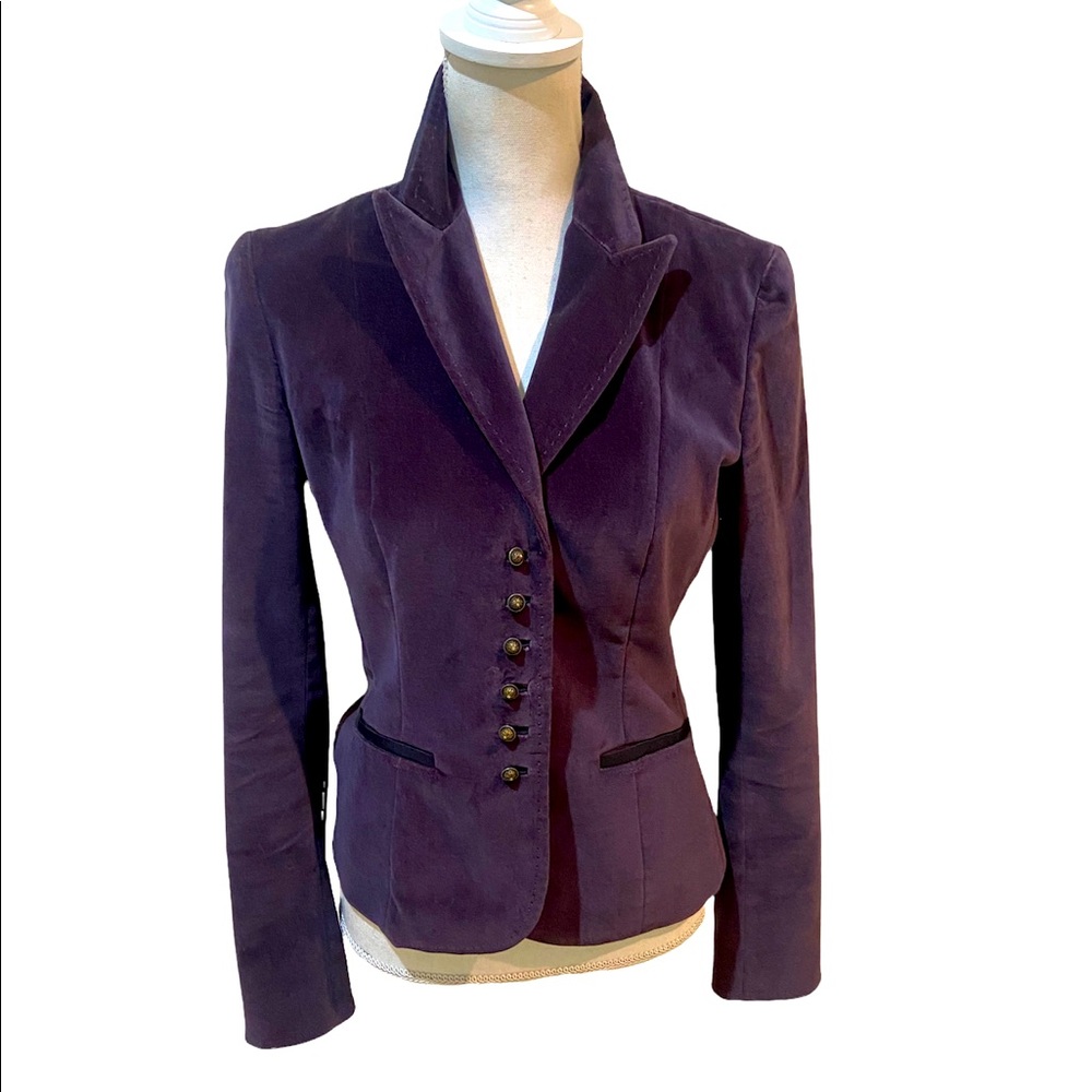 Tahari velvet romantic fitted jacket purple mini metal buttons ribbon trim sz 8